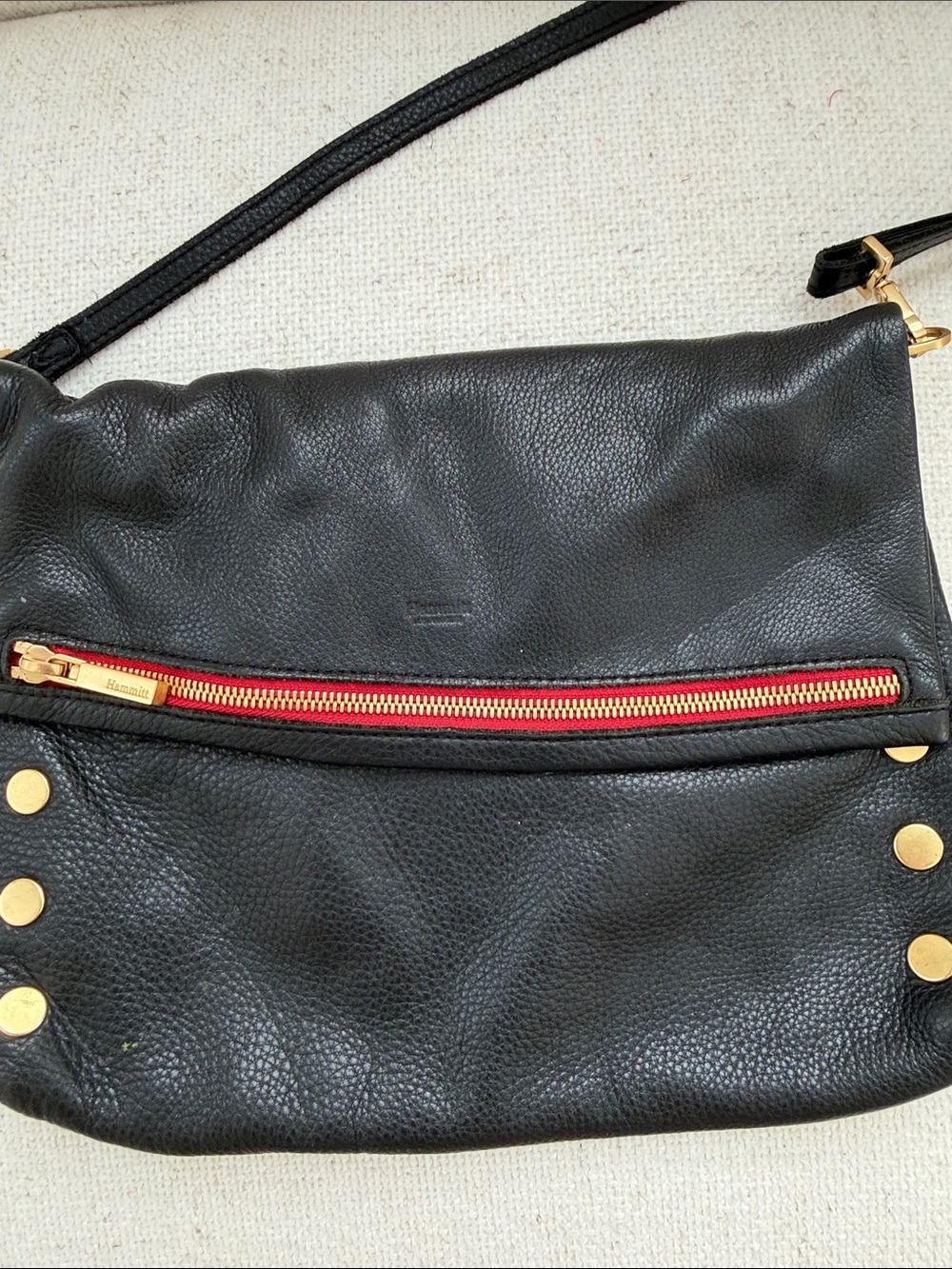 Hammitt Black Leather Crossbody with Red Zip and Gold Studs
